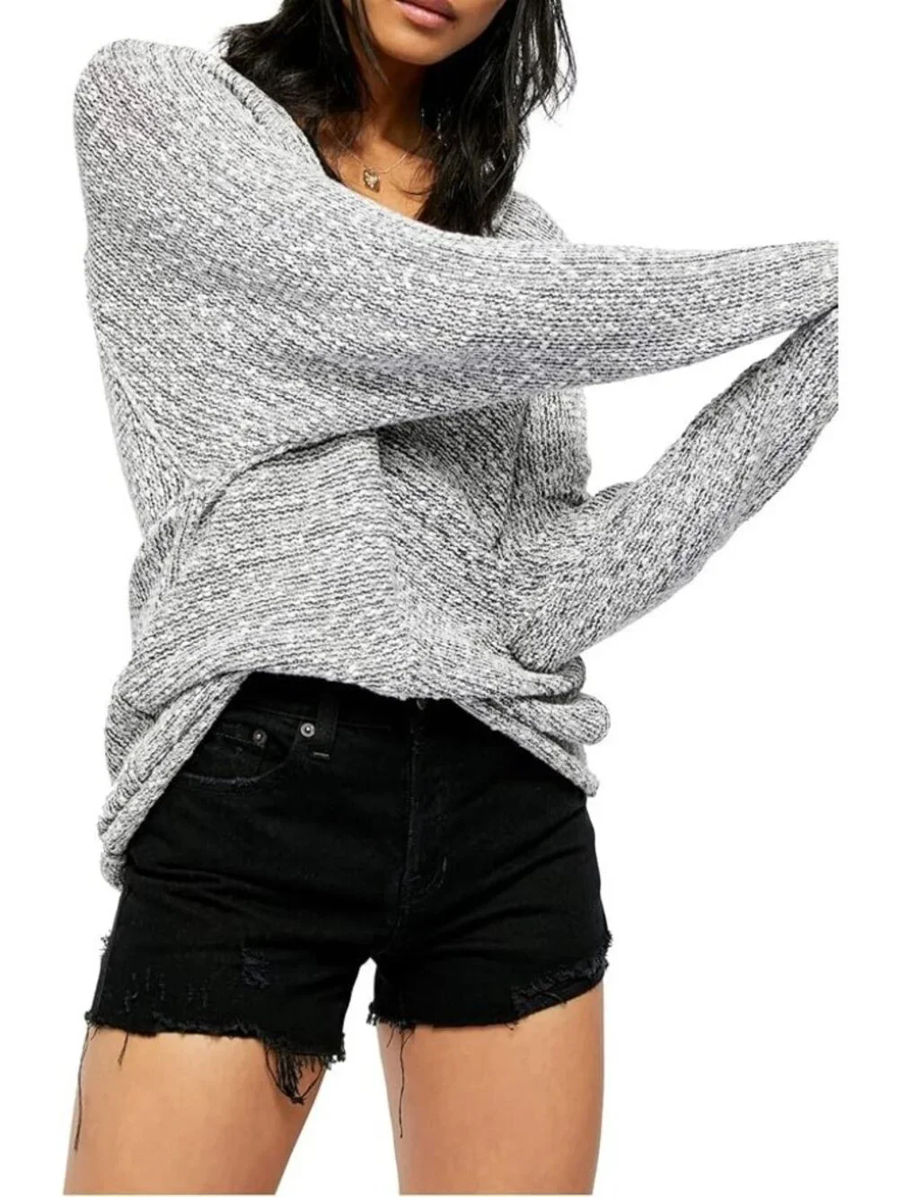 Free‎ People Bright Lights Dolman V-Neck Sweater Gray Marled Chunky Knit Size M